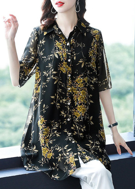 Italian Black Peter Pan Collar Print Button Patchwork Chiffon Top Summer TF1034