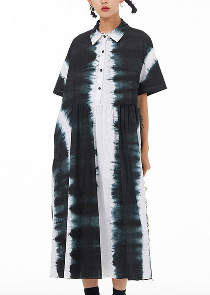 Italian Black Peter Pan Collar Wrinkled Tie Dye Patchwork Cotton Shirts Dress Summer LY1235
