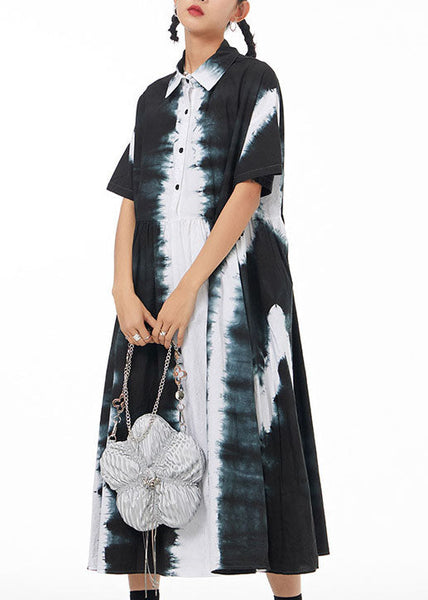Italian Black Peter Pan Collar Wrinkled Tie Dye Patchwork Cotton Shirts Dress Summer LY1235