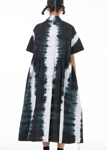 Italian Black Peter Pan Collar Wrinkled Tie Dye Patchwork Cotton Shirts Dress Summer LY1235