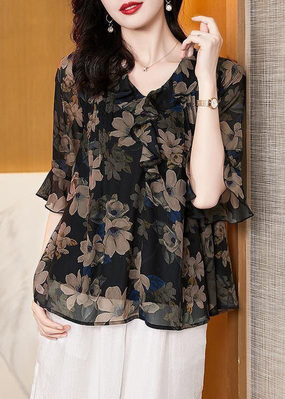 Italian Black Print Wrinkled Patchwork Silk Shirt Top Flare Sleeve TP1015