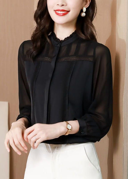 Italian Black Ruffled Lace Patchwork Silk Shirt Spring LY1469