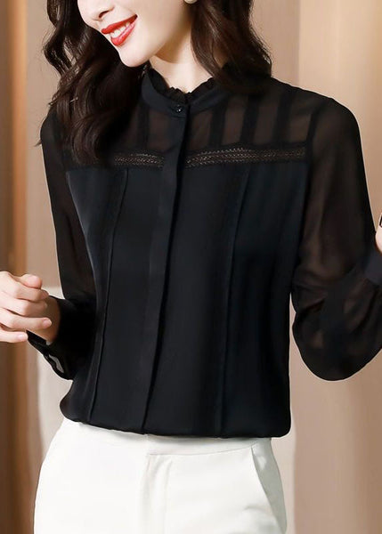 Italian Black Ruffled Lace Patchwork Silk Shirt Spring LY1469