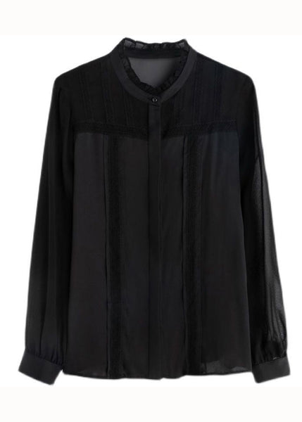 Italian Black Ruffled Lace Patchwork Silk Shirt Spring LY1469