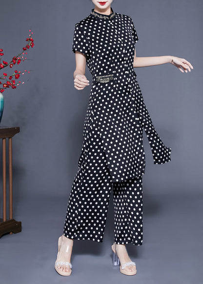 Italian Black Stand Collar Dot Print Side Open Silk Two Pieces Set Summer F4177