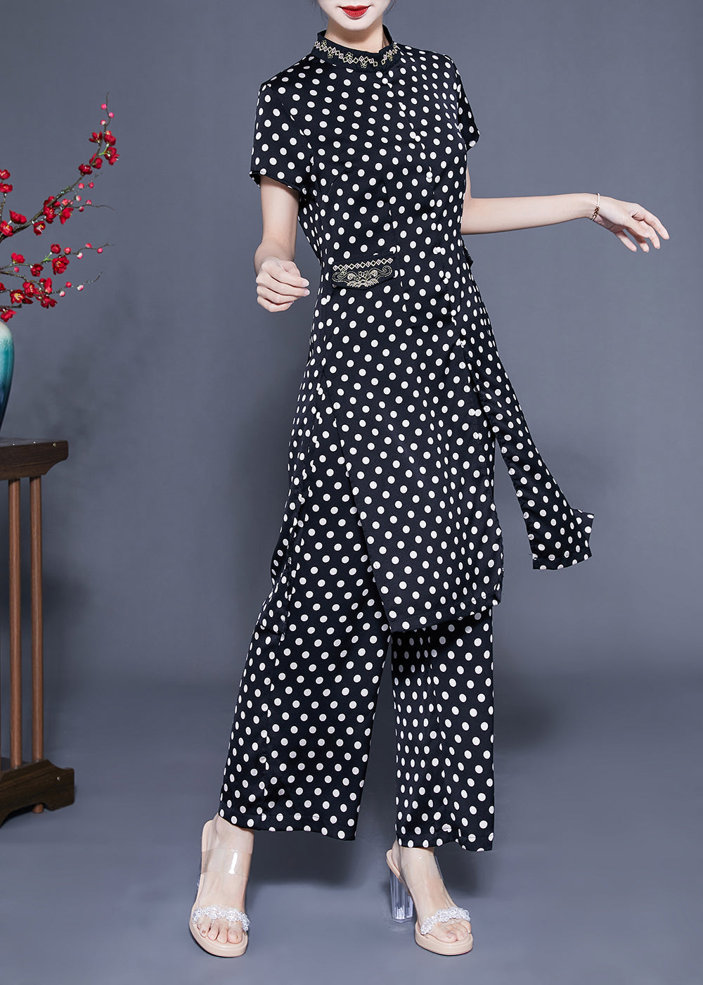 Italian Black Stand Collar Dot Print Side Open Silk Two Pieces Set Summer LY1138