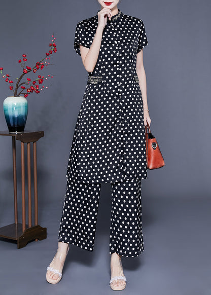 Italian Black Stand Collar Dot Print Side Open Silk Two Pieces Set Summer F4177