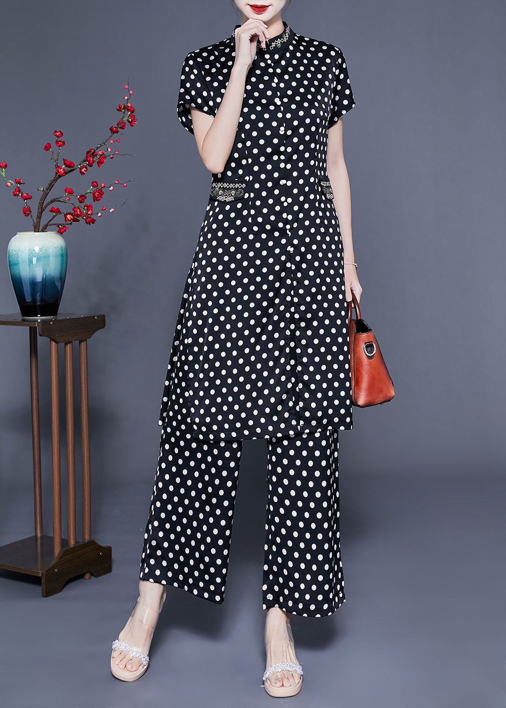 Italian Black Stand Collar Dot Print Side Open Silk Two Pieces Set Summer LY1138