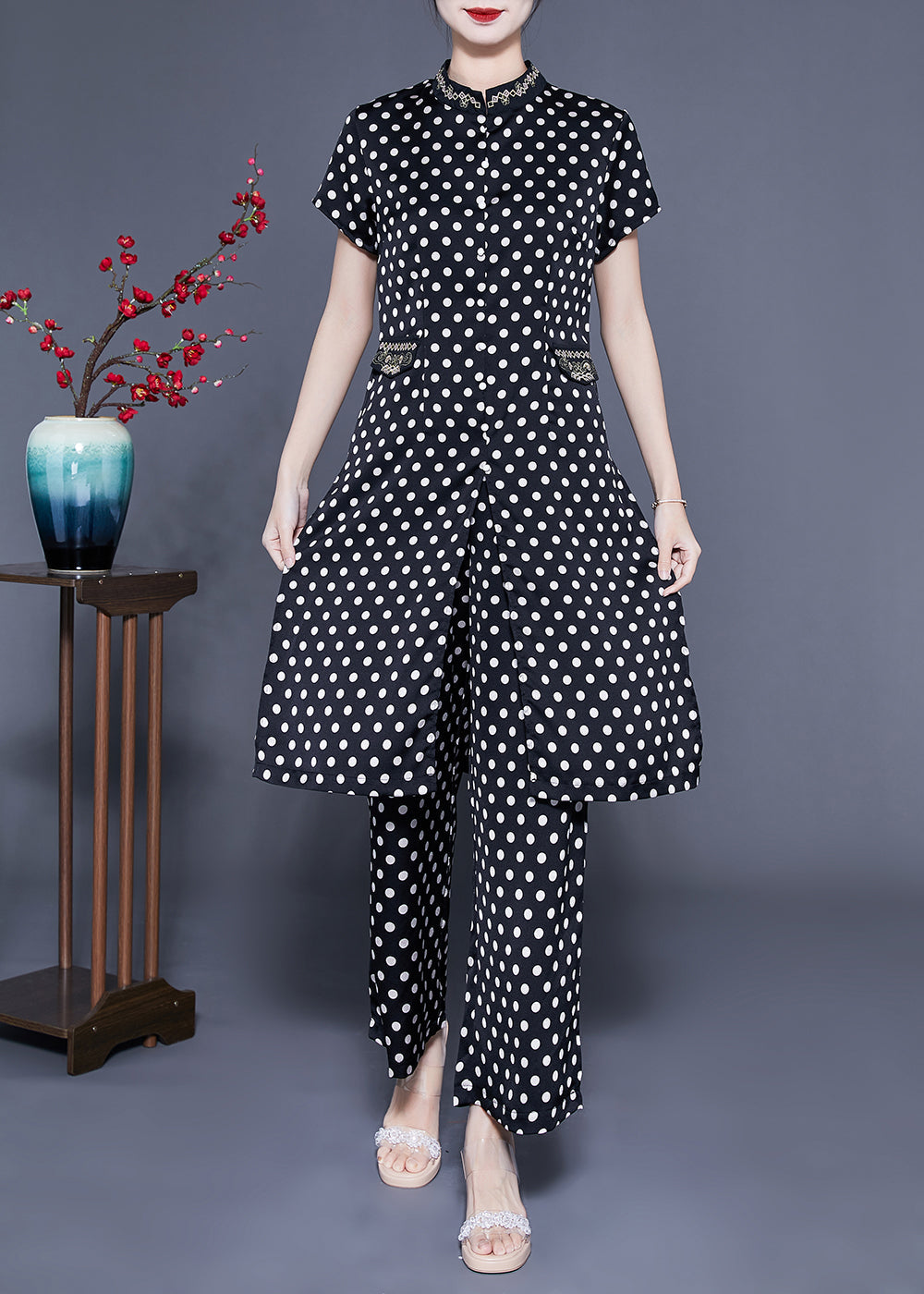 Italian Black Stand Collar Dot Print Side Open Silk Two Pieces Set Summer F4177