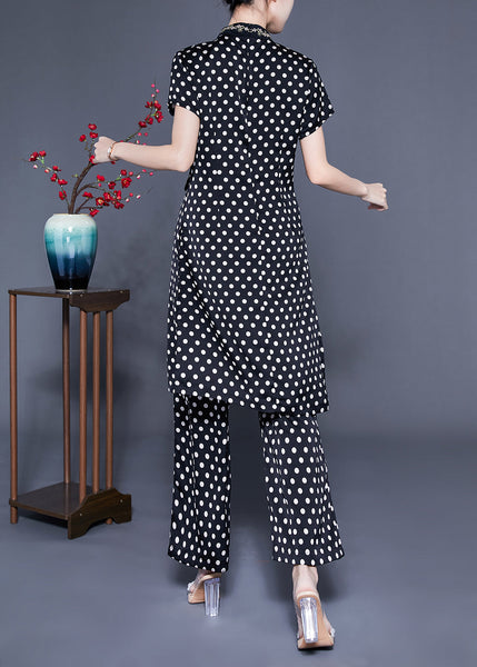 Ensemble deux pièces en soie noire italienne à pois, col montant et ouverture latérale, F4177