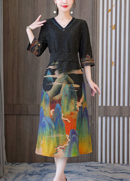 Italian Black V Neck Cinched Print Silk Holiday Dress Spring LY1729