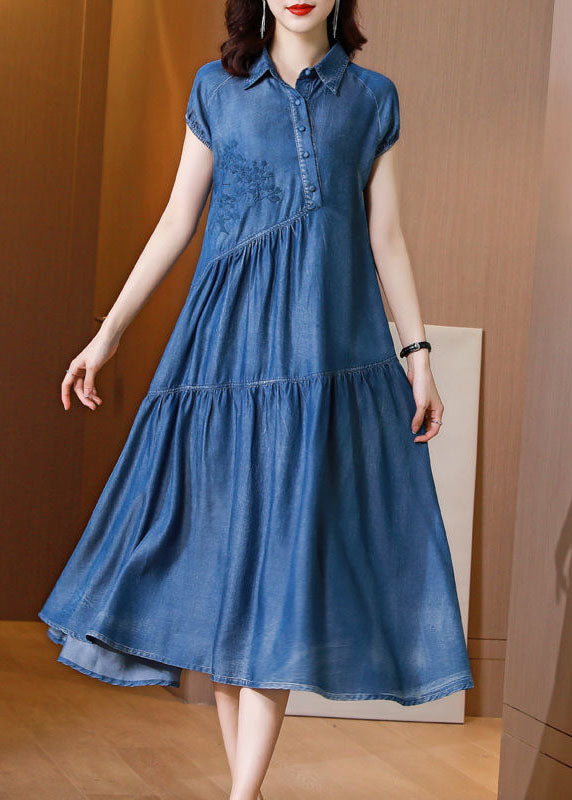 Italian Blue Embroideried Patchwork Exra Large Hem Denim Dress Summer AC2009