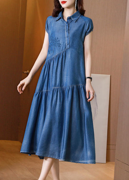 Italian Blue Embroideried Patchwork Exra Large Hem Denim Dress Summer AC2009