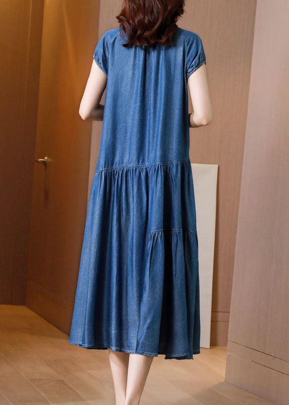 Italian Blue Embroideried Patchwork Exra Large Hem Denim Dress Summer AC2009