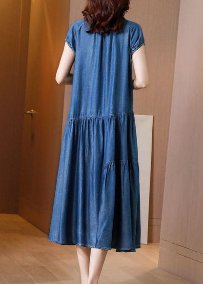 Italian Blue Embroideried Patchwork Exra Large Hem Denim Dress Summer AC2009