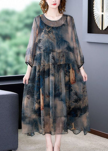 Italian Blue O-Neck Wrinkled Print Patchwork Silk Dress Two Pieces Set SummerTI1046