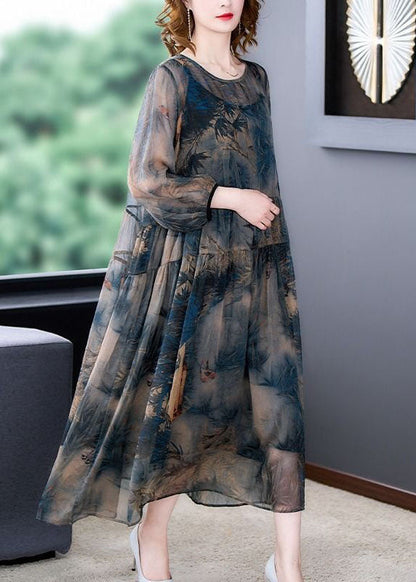 Italian Blue O-Neck Wrinkled Print Patchwork Silk Dress Two Pieces Set SummerTI1046