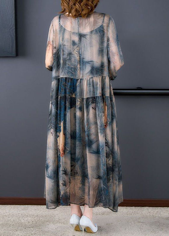 Italian Blue O-Neck Wrinkled Print Patchwork Silk Dress Two Pieces Set SummerTI1046