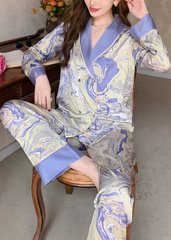 Italian Blue Peter Pan Collar Print Patchwork Ice Silk Pajamas Two Pieces Set Long Sleeve LY1911