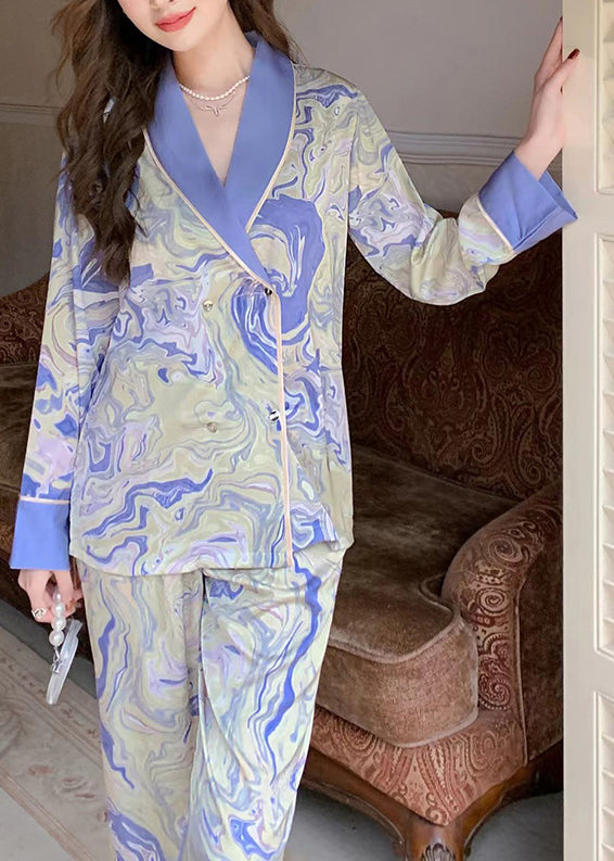 Italian Blue Peter Pan Collar Print Patchwork Ice Silk Pajamas Two Pieces Set Long Sleeve LY1911