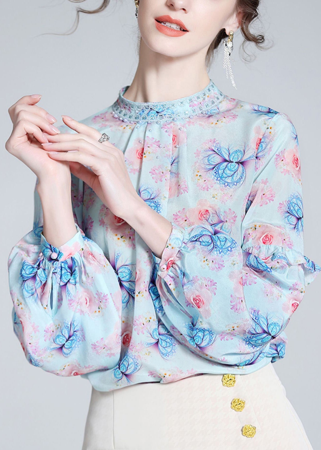 Italian Blue Stand Collar Print Silk Tops Lantern Sleeve LY0724