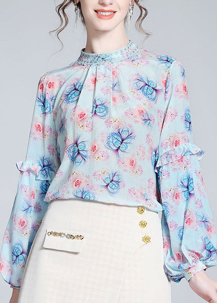Italian Blue Stand Collar Print Silk Tops Lantern Sleeve LY0724