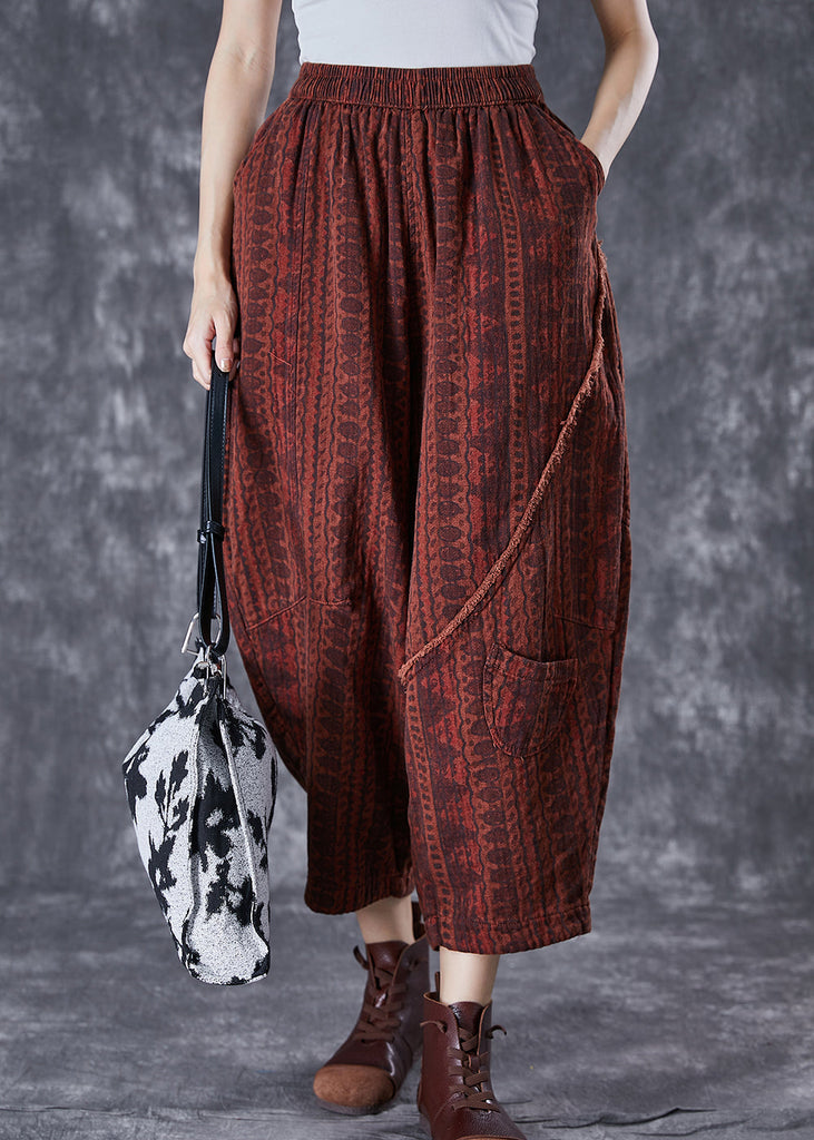 Italian Brick Red Oversized Pockets Print Linen Pants Summer TD1001