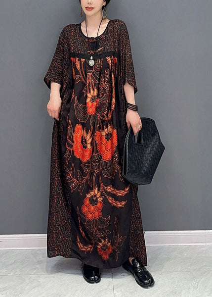 Italian Chocolate Oversized Patchwork Print Silk Maxi Dresses Summer LY0547