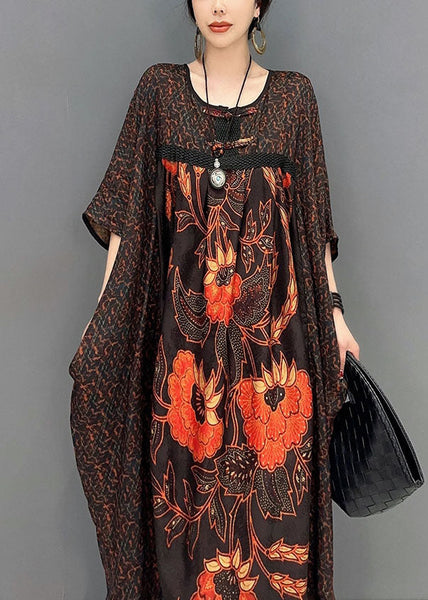 Italian Chocolate Oversized Patchwork Print Silk Maxi Dresses Summer LY0547