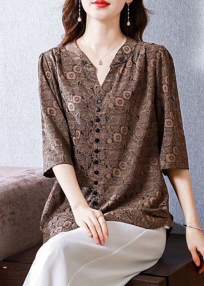 Italian Coffee V Neck Print Button Silk Shirt Half  Sleeve LY0458