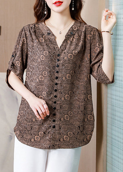 Italian Coffee V Neck Print Button Silk Shirt Half  Sleeve LY0458