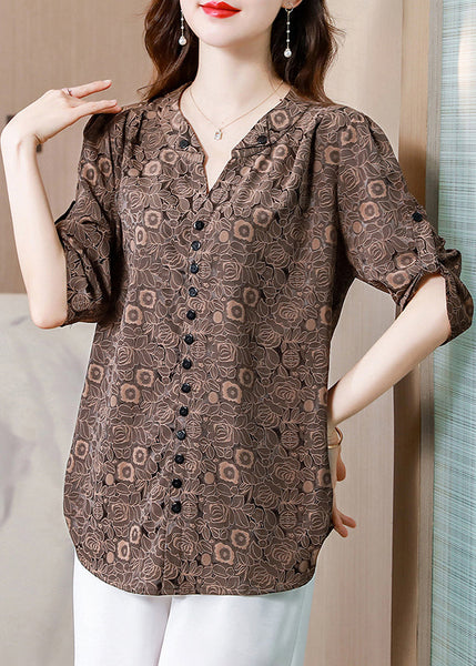 Italian Coffee V Neck Print Button Silk Shirt Half  Sleeve LY0458