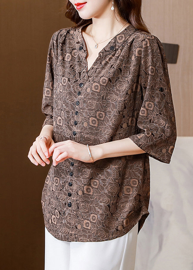 Italian Coffee V Neck Print Button Silk Shirt Half  Sleeve LY0458