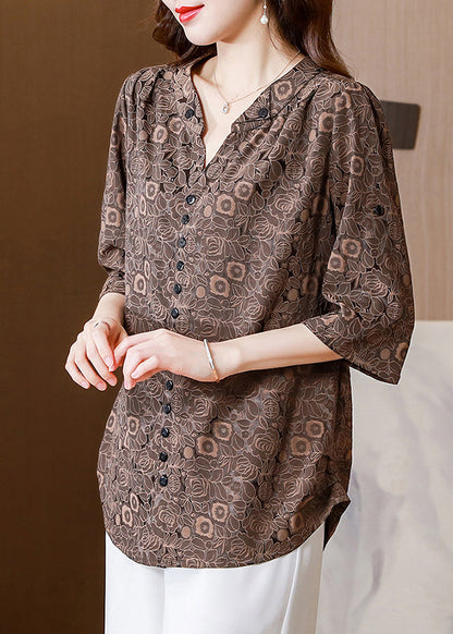 Italian Coffee V Neck Print Button Silk Shirt Half  Sleeve LY0458