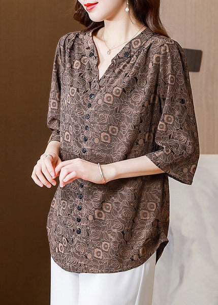 Italian Coffee V Neck Print Button Silk Shirt Half  Sleeve LY0458