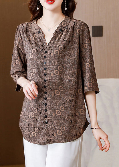 Italian Coffee V Neck Print Button Silk Shirt Half  Sleeve LY0458