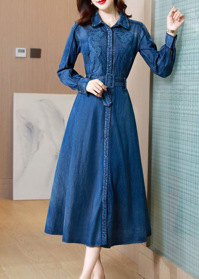 Italian Denim Blue Embroideried Exra Large Hem Cotton Cinched Dress Spring AC2002