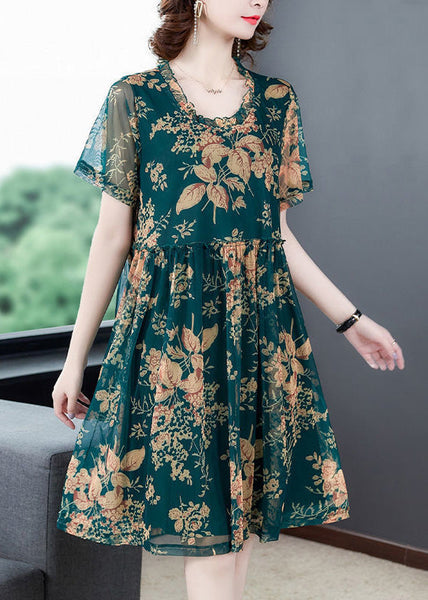 Italian Green O-Neck Print Holiday Long Dress Summer LY1781