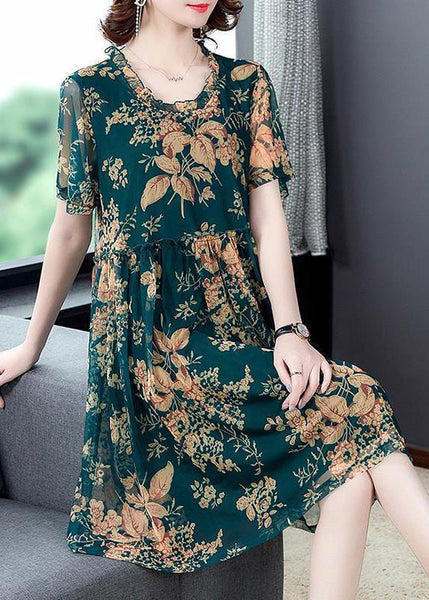 Italian Green O-Neck Print Holiday Long Dress Summer LY1781