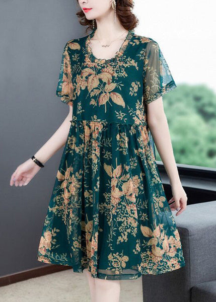 Italian Green O-Neck Print Holiday Long Dress Summer LY1781