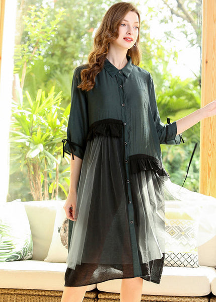 Robe italienne verte oversize à volants et patchwork en coton, manches courtes LY0280