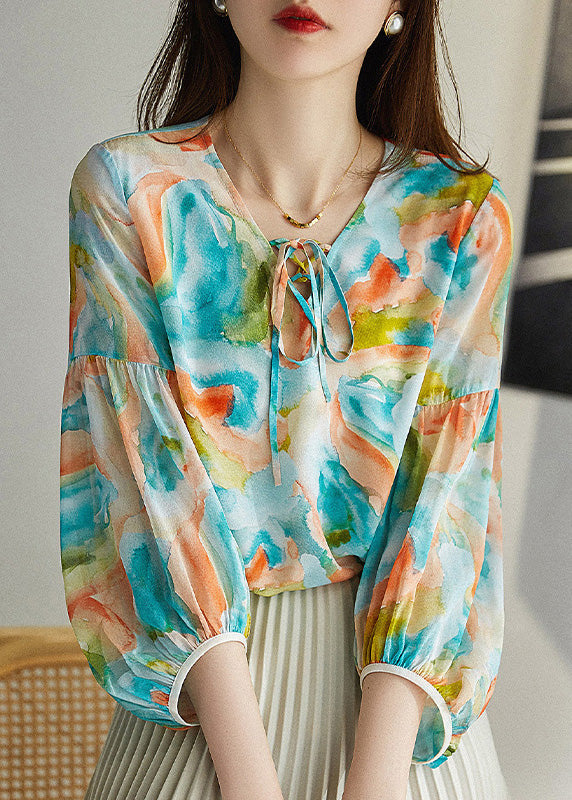 Italian Green V Neck Print Neck Tie Chiffon Shirt Spring LY0358