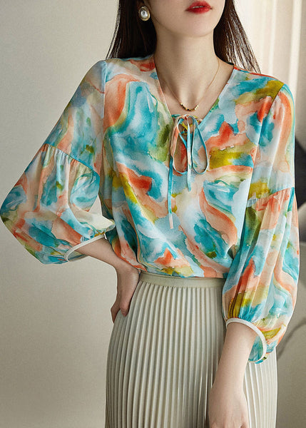Italian Green V Neck Print Neck Tie Chiffon Shirt Spring LY0358