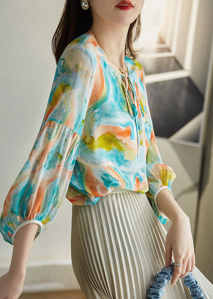 Italian Green V Neck Print Neck Tie Chiffon Shirt Spring LY0358