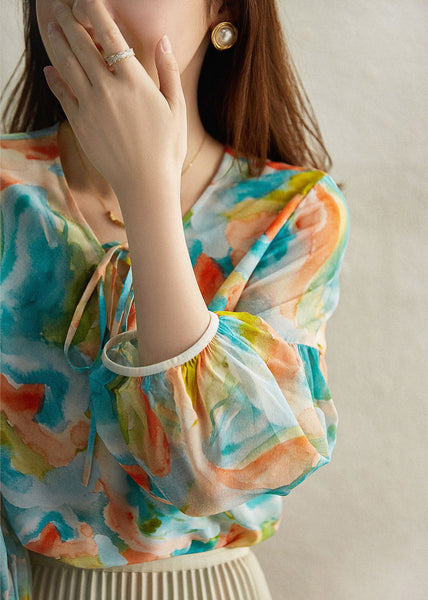 Italian Green V Neck Print Neck Tie Chiffon Shirt Spring LY0358