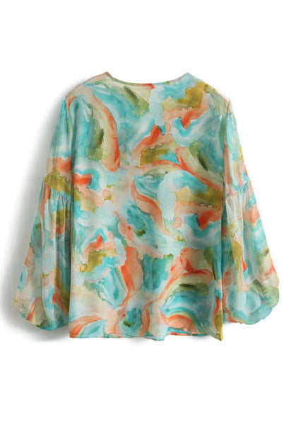 Italian Green V Neck Print Neck Tie Chiffon Shirt Spring LY0358