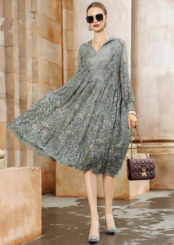 Italian Grey Hooded Embroideried Patchwork Tulle Dresses Spring LC0219