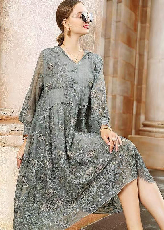 Italian Grey Hooded Embroideried Patchwork Tulle Dresses Spring LC0219