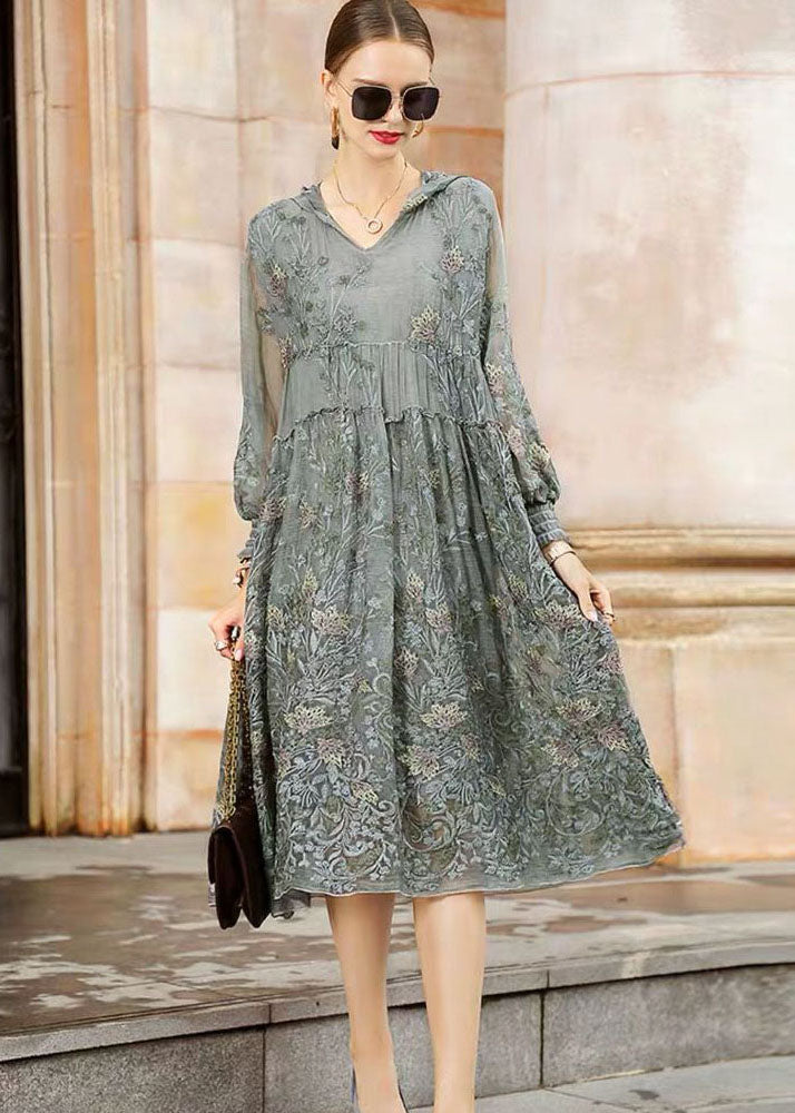 Italian Grey Hooded Embroideried Patchwork Tulle Dresses Spring LC0219