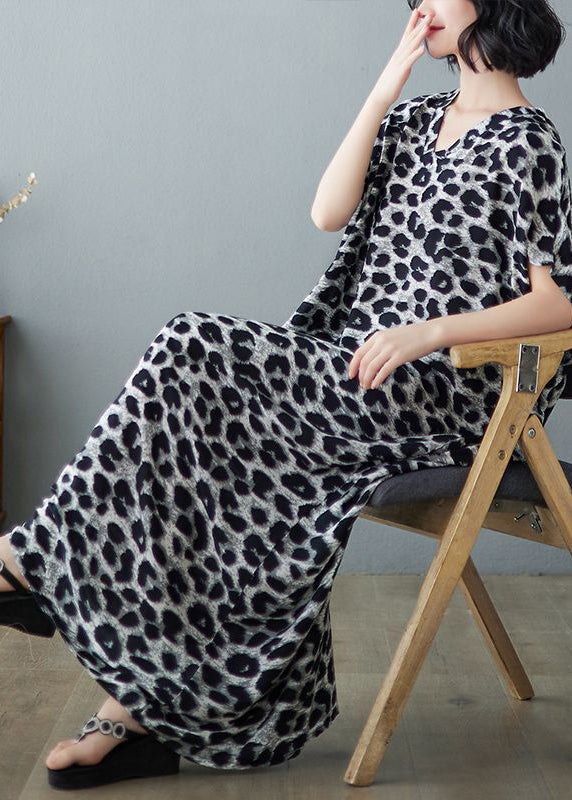 Italian Grey Leopard Print Oversized Linen Maxi Dress Summer LY0893